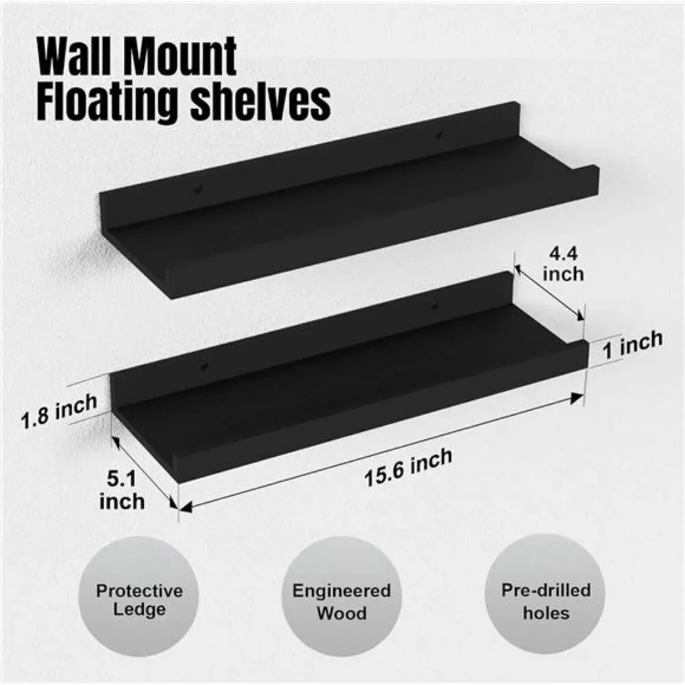 Black Floating Wall Shelves Set of 2 Picture Ledge Shelf for Room Decor
